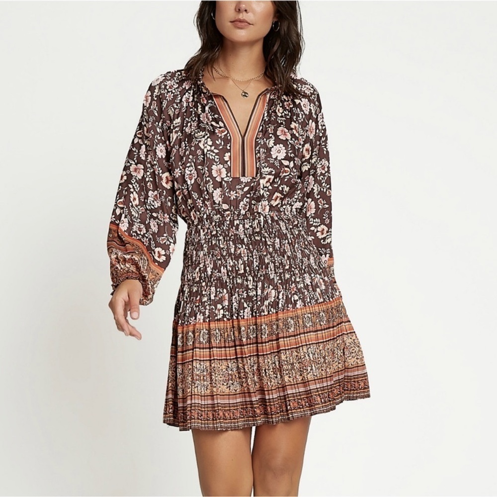 Anthropologie Dress Current Air Women's Medium Alyce Floral Pleated Boho Mini